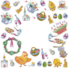 Easter watercolor pattern Egg, chicken, rabbit