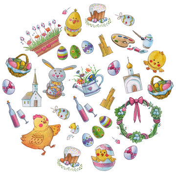 Easter watercolor pattern Egg, chicken, rabbit
