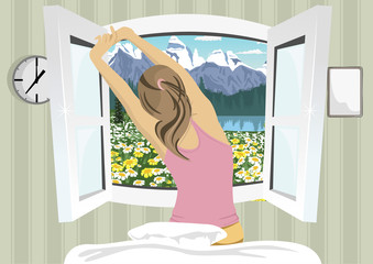 Woman stretching in bed after wake up, back view on summer mountain scenery