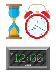 Clocks set. hourglass, analog and digital clock