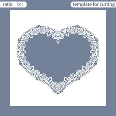 Laser cut wedding invitation card template.  Cut out the paper card with lace pattern.  Greeting card template for cutting plotter. Frame in the shape of a heart. Photo frame are laser cut. Vector.