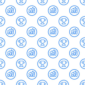 Vector illustration of seamless pattern with blue icons in flat line style. Linear cup and churt. Use in web project applications, posters and banners. Outline isolated object.