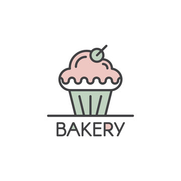 Vector Icon Style Illustration Logo Design for Fresh Bakery Products, Bread or Grocery Shop. Sweet Cupcake with Cream and Berry, Cartoon Style