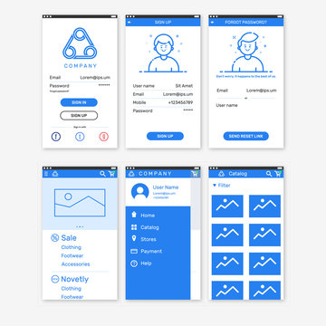 Vector Illustration of onboarding app screens for mobile apps and responsive website including Login, Sign Up, Forgot password, home, menu, catalog. Interface UX UI GUI screen template for smart phone