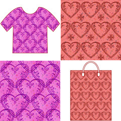 Set of Valentine Holiday Seamless Backgrounds, Tile Patterns with Pictogram Hearts and Examples in Form of Shirt and Shopping Bag. Eps10, Contains Transparencies. Vector