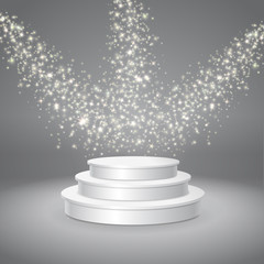 Blank template of white empty musical, concert podium 3d illustration with stars light effect