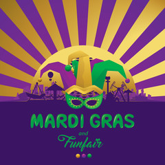 Vector illustration of Mardi Gras festival background with carnival funfair and calligraphy design.