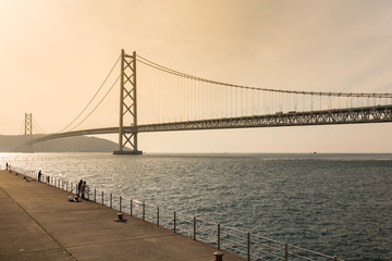 Akashi Kaikyo Bridge,  Kobe Japan ,the great architecture of suspension bridge, spanning the Seto Inland Sea from Awaji Island,