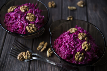 healthy vegetarian salad of beets and walnuts