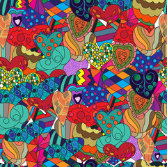Naklejka premium Decorative hearts beautiful and bright seamless pattern for fabric, greeting cards and congratulations. Wallpaper of different styled hearts