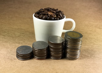 Coin Stack hierarchy of success. About Coffee, Brown background