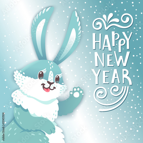 "Card Happy New Year with cartoon rabbit. Funny bunny. Cute hare, snow