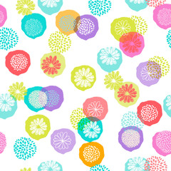 Seamless vector floral pattern with stylized flowers on white background, made of colorful circles.