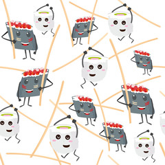 Japanese cuisine seamless pattern with sushi. Funny rolls vector background