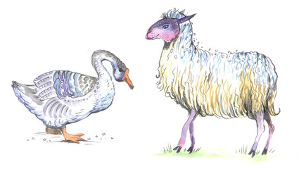 goose, sheep, watercolor, seamless pattern