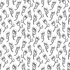 Fototapeta na wymiar Doodle tulip seamless pattern. Simple black outline background. Sketch wallpaper. Vector illustration.