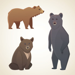 illustration with different bears isolated on white background. Vector cartoon broun and black bear