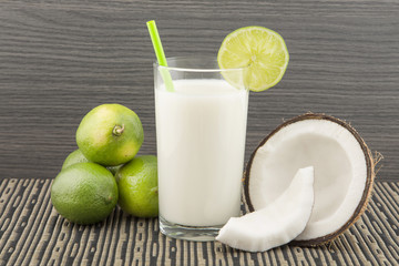 Delicious coconut lemonade on dark background