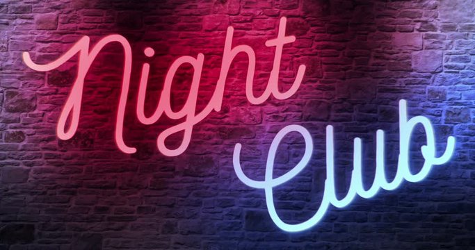 flickering blinking red and blue neon sign on brick wall background, adult show night club sign concept