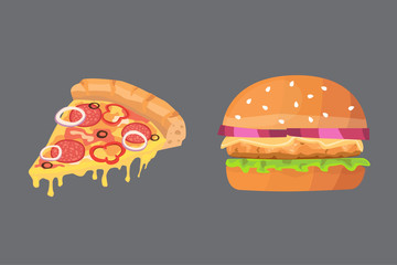 Vector illustration of various fast food. Cartoon pizza and burger isolated illustration