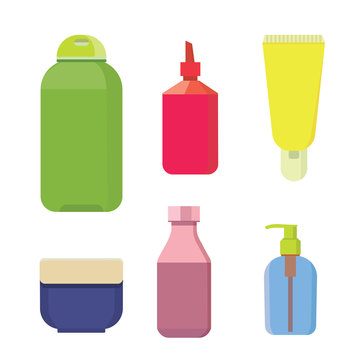 Cosmetic bottles vector color set. Beauty shampoo bottle and container with lotion for skin