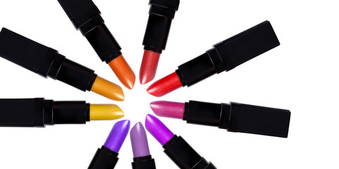 Set of color lipsticks forming a circle. Lipstick set isolated o