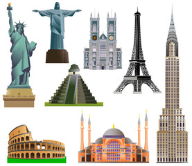 World architecture, monument or landmark icon set. Vector