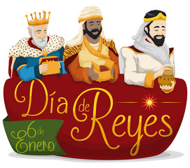 Three Magi over Sign for 'Dia de Reyes' or Epiphany, Vector Illustration