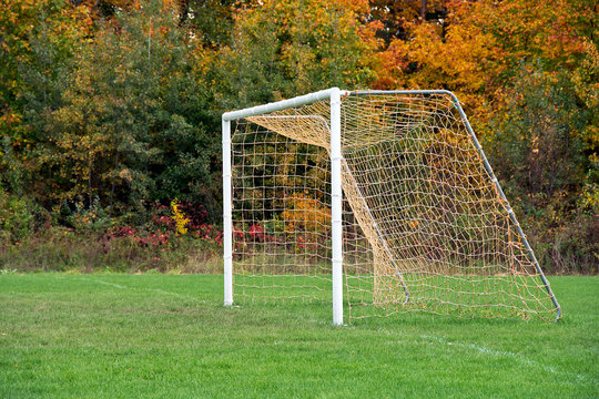 empty soccer goal net on field with autumn trees