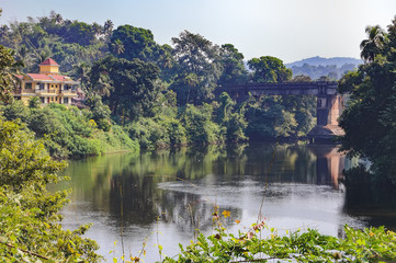 Indian old traditional house in the tropical jungle surrounded by palm trees, located on the bank of small river with bridge in the distance, Goa, India