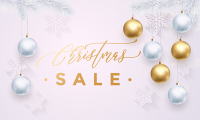 Christmas Sale gold banner white background with snowflakes, balls