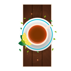 Tea time. Cup of tea with lemon. Wooden background. Vector illustration.