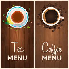 Tea and coffee menu. Wooden background. Vector illustration.