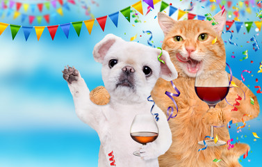 Cat and dog are celebrating with whiskey glass and wine glass.