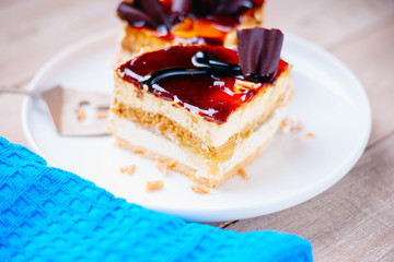 Pieces of cake and tablecloth
