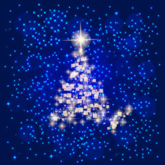 Abstract background with christmas tree and stars. Illustration in blue and white colors.