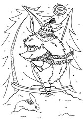 Doodle illustration urchin on skis. Vector. Coloring page Anti-stress for adults and children. Black and white.