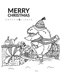 Vector Christmas illustration, hedgehog and gifts. Doodle drawing. Handmade. Coloring book anti stress for adults. Black and white.