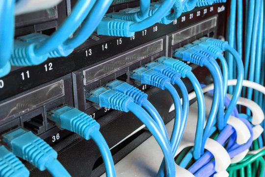 Server rack with green cables