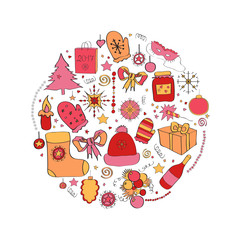 Illustration, vector set, Christmas symbols, the individual elements for holiday cards, posters, invitations. Red orange colors.