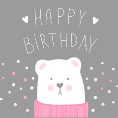 Happy Birthday vector greeting card with cute bear. Cartoon illustration. Sweet and lovely design. Doodle style. Trendy design. Tender colors.