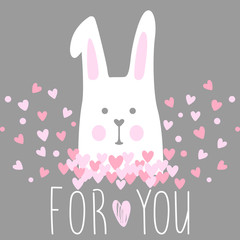 Cute vector card with cartoon rabbit, flowers and hearts. Sweet and lovely illustration with inscription 