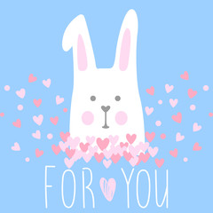 Cute vector card with cartoon rabbit, flowers and hearts. Sweet and lovely illustration with inscription "Best Wishes". Greeting card for Valentine's Day. Doodle style. Trendy design. Tender colors.
