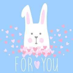 Cute vector card with cartoon rabbit, flowers and hearts. Sweet and lovely illustration with inscription 