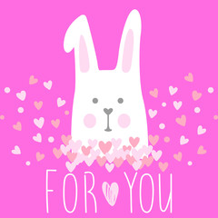 Obraz na płótnie Canvas Cute vector card with cartoon rabbit, flowers and hearts. Sweet and lovely illustration with inscription 