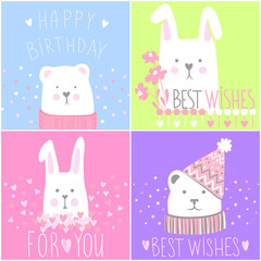 Vector collection greeting cards. Teddy-bear, rabbit with inscription for Happy Birthday and Best wishes. Cute kit with cartoon illustration. Holidays design.
