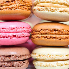 A pile of colorful french macaroons