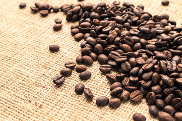Some coffee beans and a sackcloth background, Horizontal