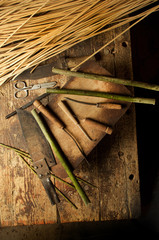 Material raw and old tools for basket weaving