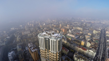 Kiev winter, garden on the roof of a skyscraper, aerial view